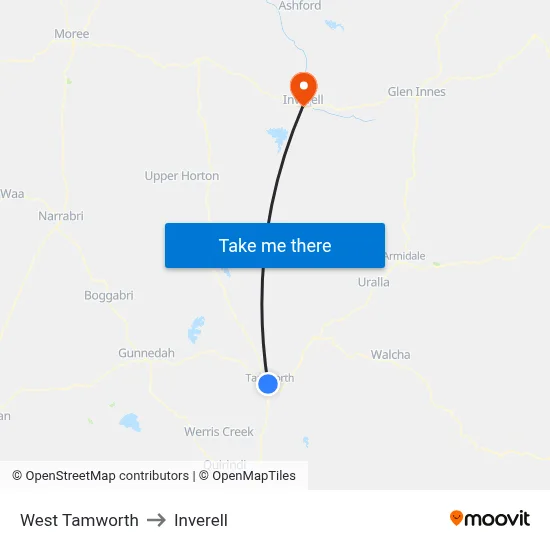 West Tamworth to Inverell map