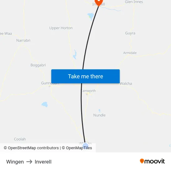 Wingen to Inverell map