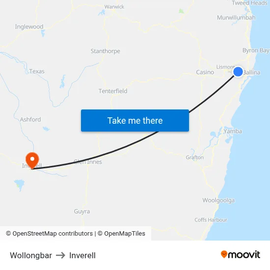 Wollongbar to Inverell map
