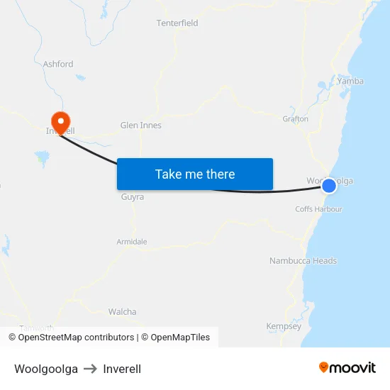 Woolgoolga to Inverell map