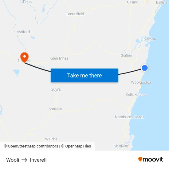 Wooli to Inverell map