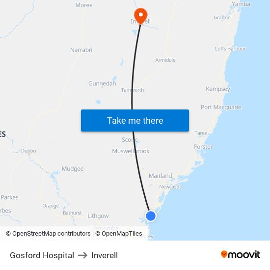 Gosford Hospital to Inverell map