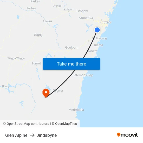 Glen Alpine to Jindabyne map