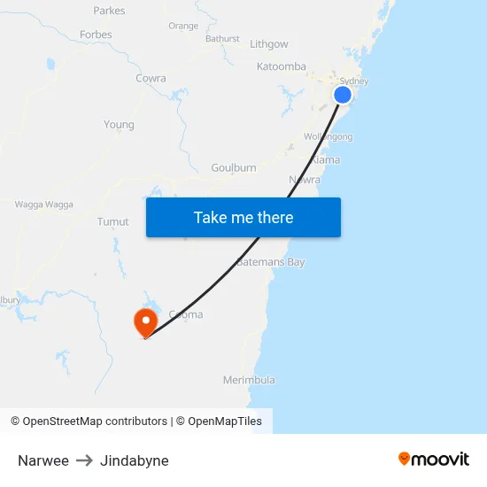 Narwee to Jindabyne map