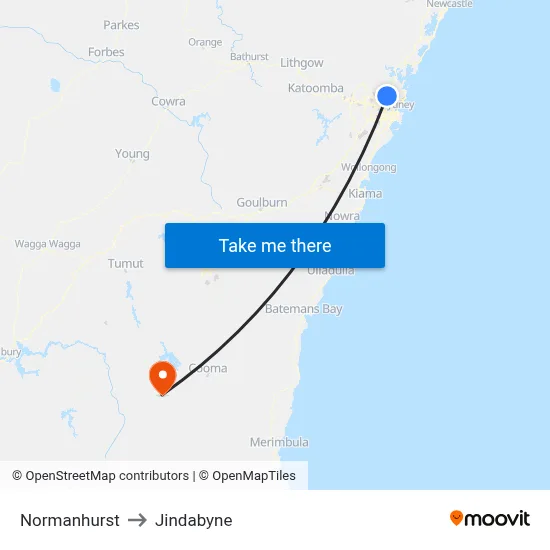 Normanhurst to Jindabyne map