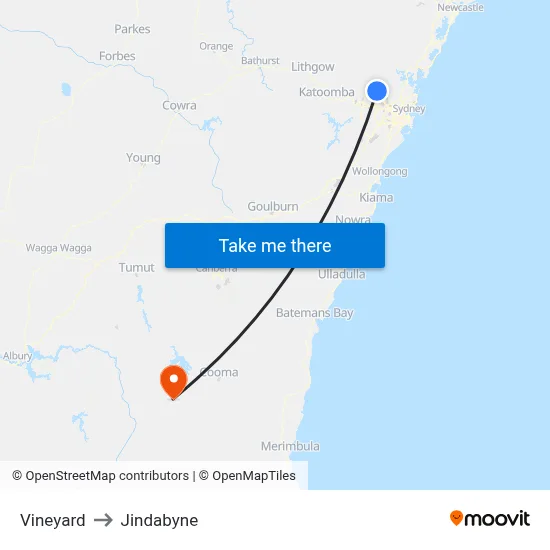 Vineyard to Jindabyne map