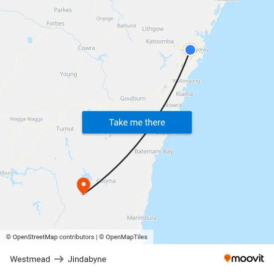 Westmead to Jindabyne map