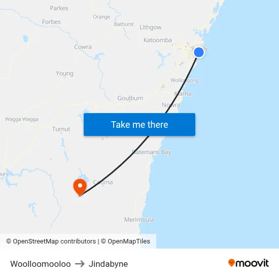 Woolloomooloo to Jindabyne map