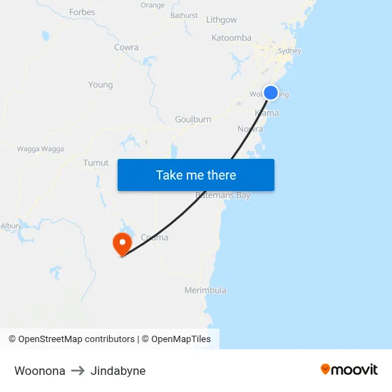 Woonona to Jindabyne map