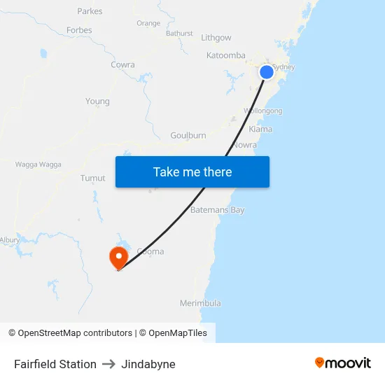 Fairfield Station to Jindabyne map