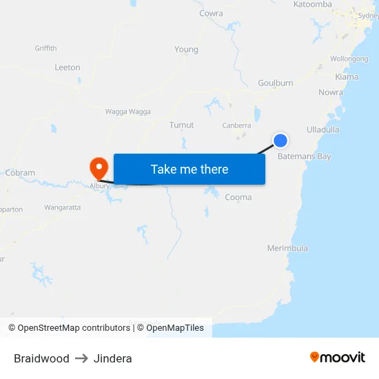Braidwood to Jindera map