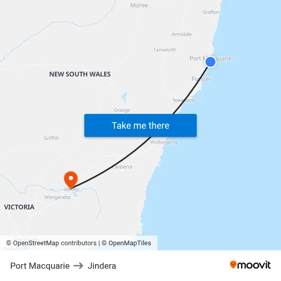 Port Macquarie to Jindera map