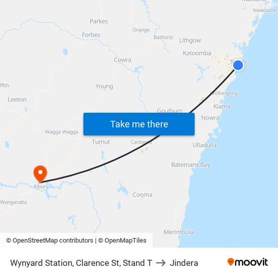 Wynyard Station, Clarence St, Stand T to Jindera map