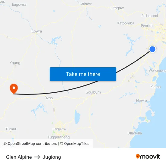 Glen Alpine to Jugiong map