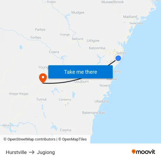 Hurstville to Jugiong map