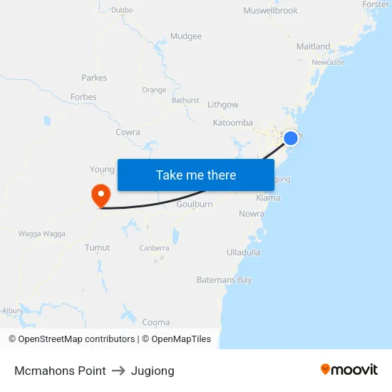 Mcmahons Point to Jugiong map