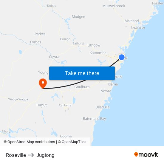 Roseville to Jugiong map