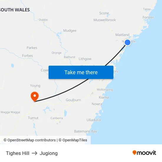Tighes Hill to Jugiong map