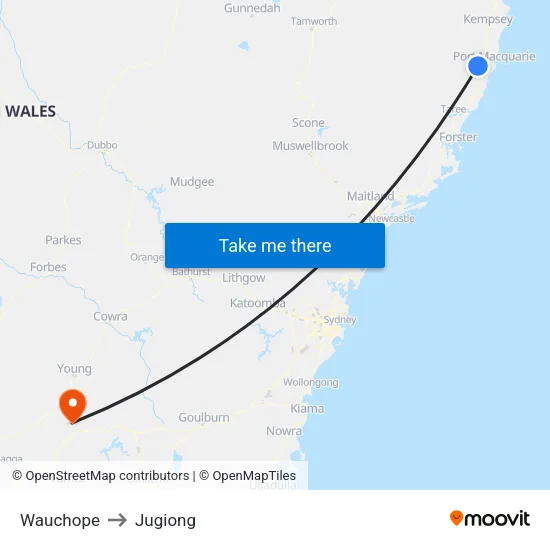 Wauchope to Jugiong map
