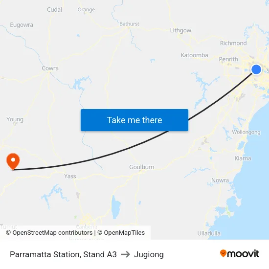 Parramatta Station, Stand A3 to Jugiong map