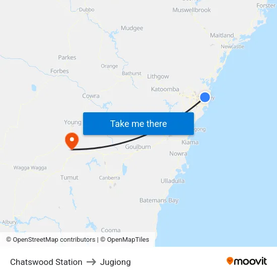 Chatswood Station to Jugiong map