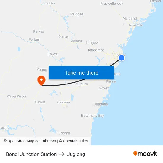 Bondi Junction Station to Jugiong map