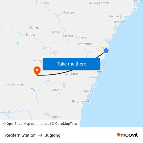Redfern Station to Jugiong map