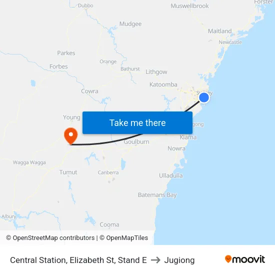 Central Station, Elizabeth St, Stand E to Jugiong map