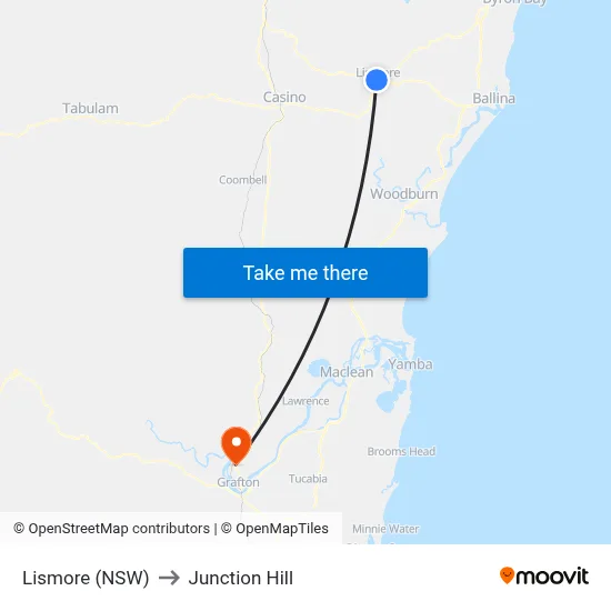 Lismore (NSW) to Junction Hill map