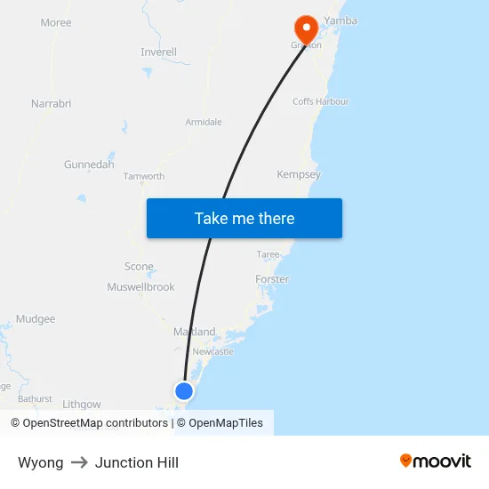 Wyong to Junction Hill map