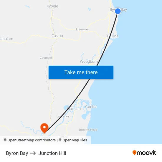 Byron Bay to Junction Hill map