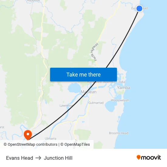 Evans Head to Junction Hill map