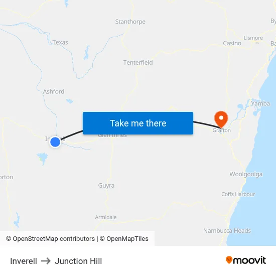 Inverell to Junction Hill map