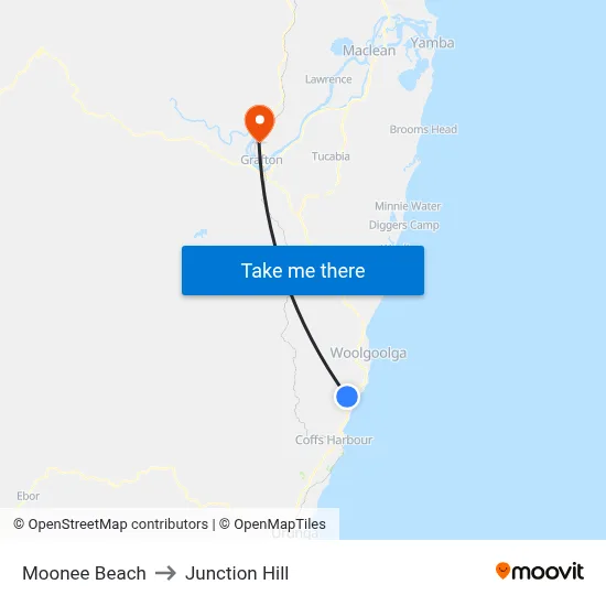 Moonee Beach to Junction Hill map