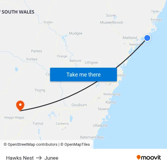 Hawks Nest to Junee map