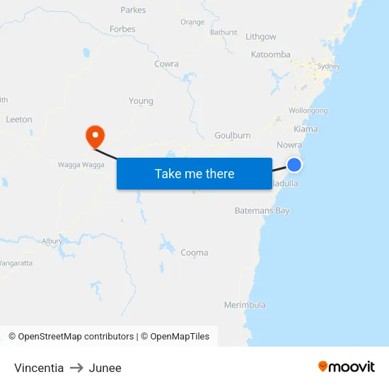 Vincentia to Junee map
