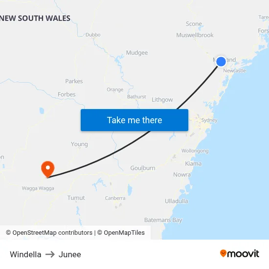 Windella to Junee map