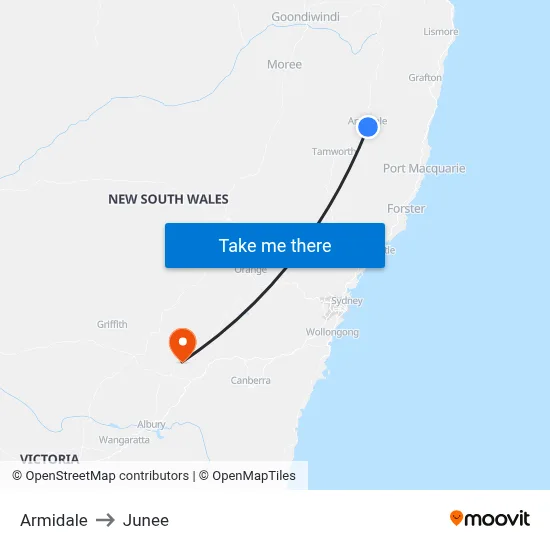 Armidale to Junee map