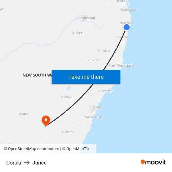 Coraki to Junee map