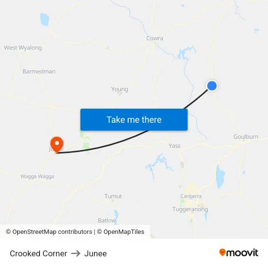 Crooked Corner to Junee map