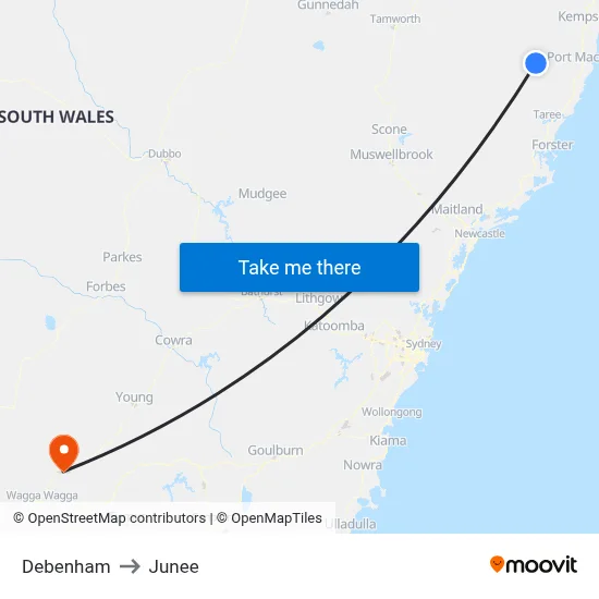 Debenham to Junee map