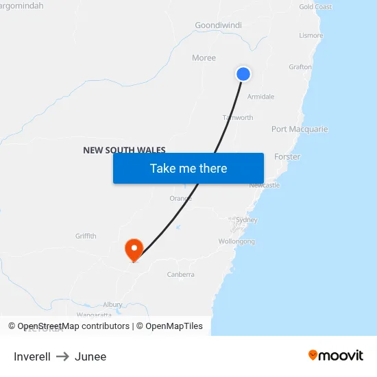 Inverell to Junee map