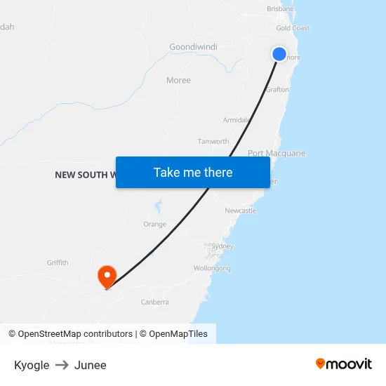 Kyogle to Junee map