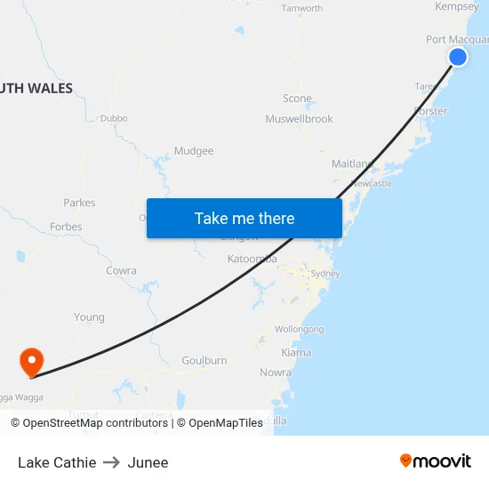Lake Cathie to Junee map