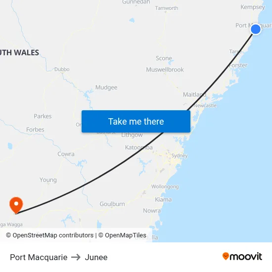 Port Macquarie to Junee map