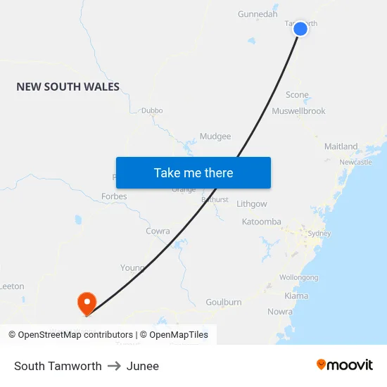 South Tamworth to Junee map
