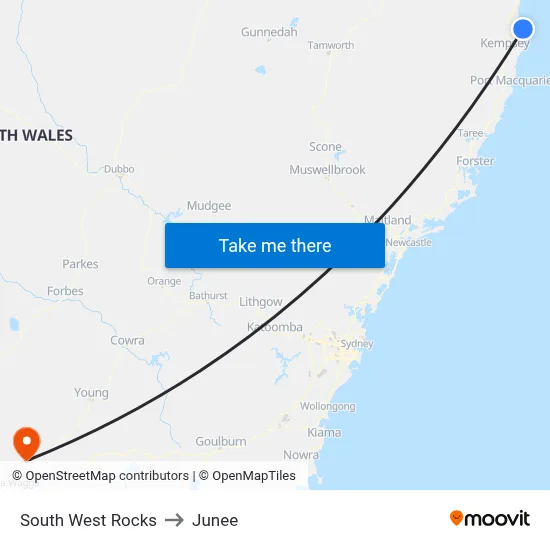 South West Rocks to Junee map