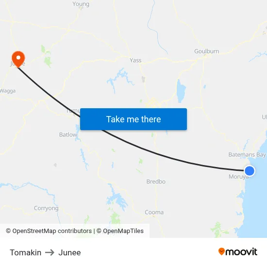 Tomakin to Junee map