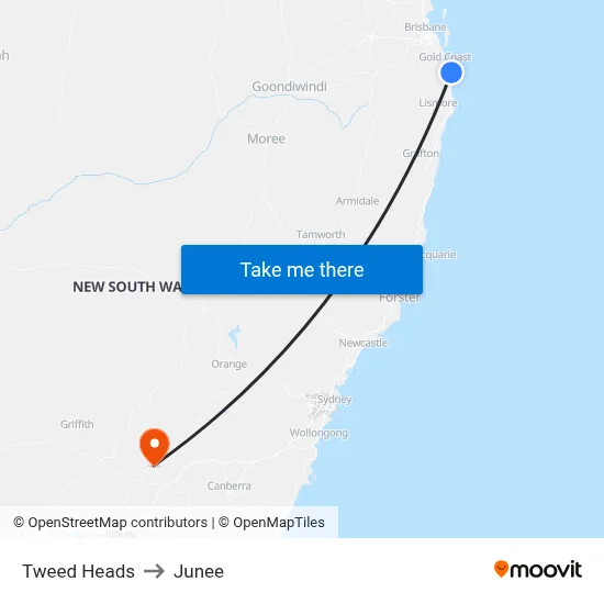 Tweed Heads to Junee map