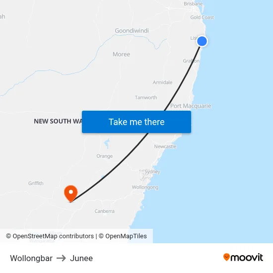 Wollongbar to Junee map